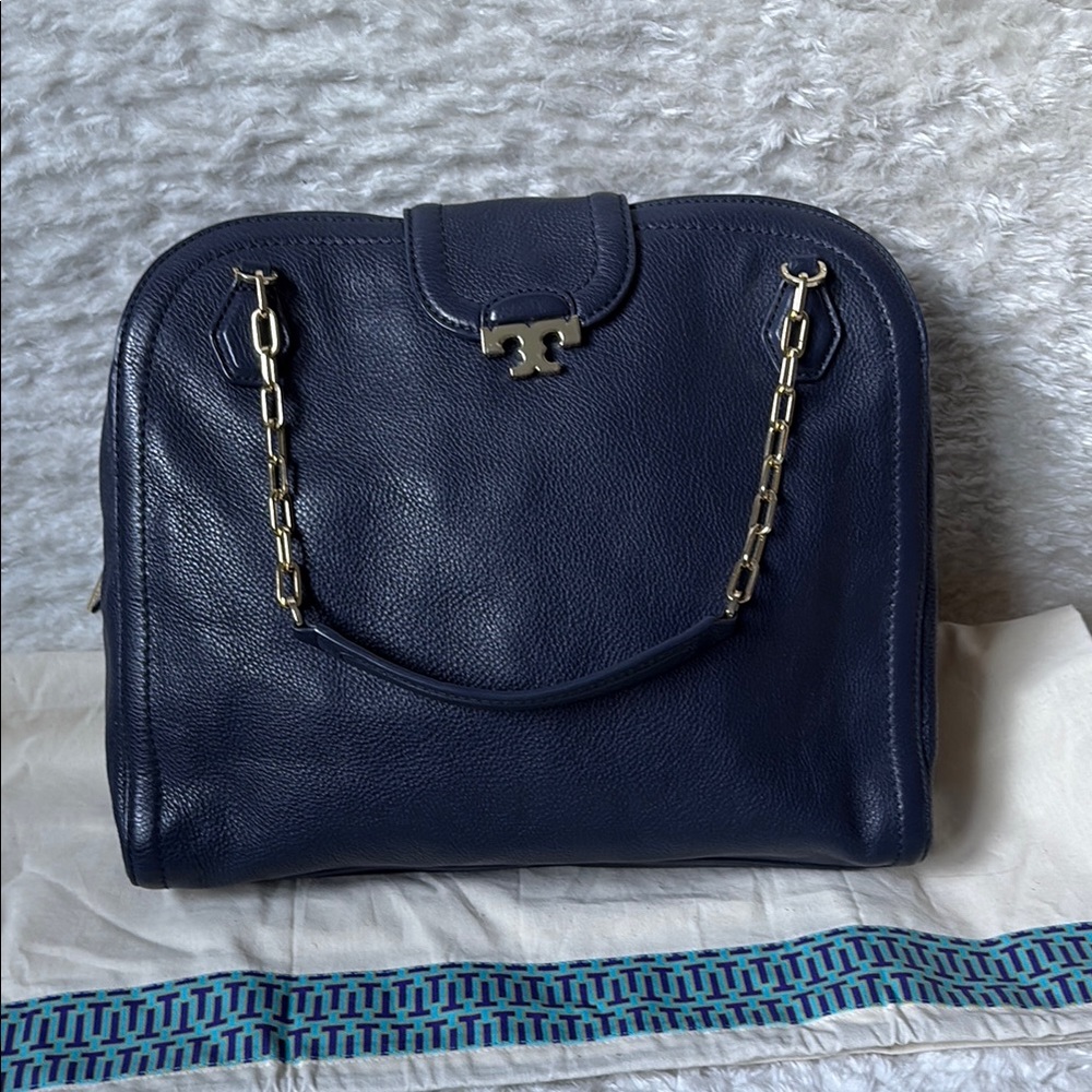 Tory Burch Navy Blue Leather Shoulder Bag with Gold Chain